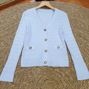 Baby Blue Ribbed Knit Gold Button Cropped Cardigan ✨